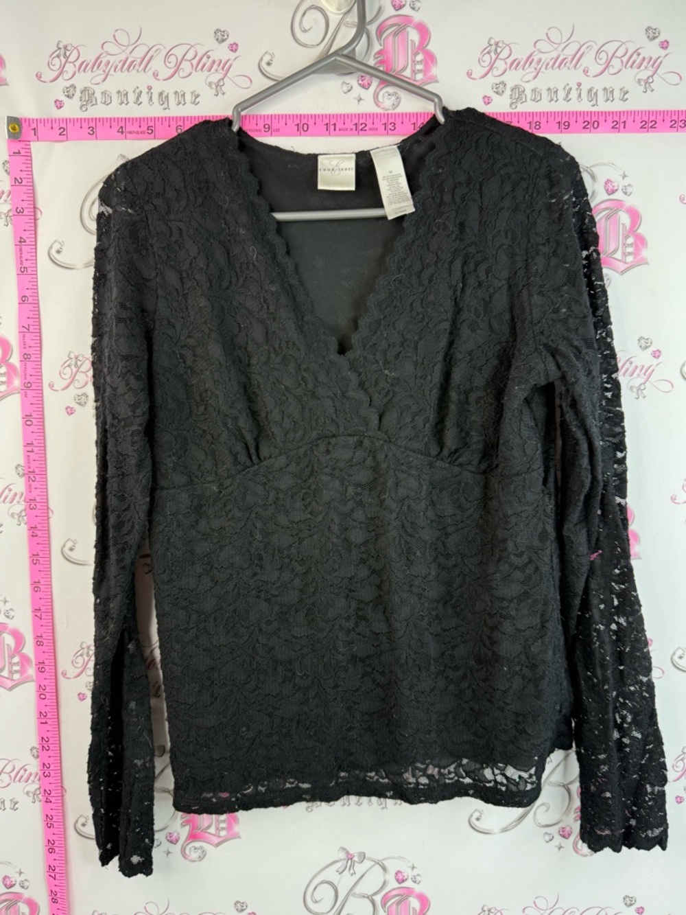 Emma James long sleeve lace floral flowers Black Lace Long Sleeve V-Neck Top